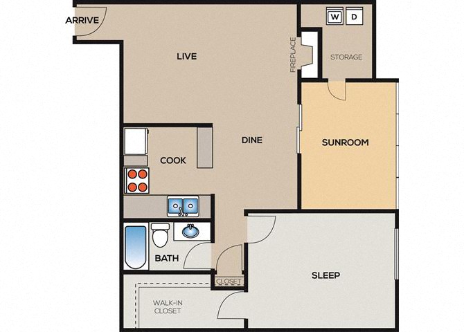 Floor plan for 1 bed, 1 bath, 838 sqft